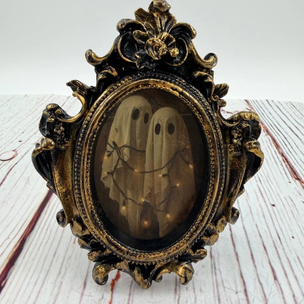 Gothic Ghost Decoupage Art Ornate Gold Black Resin Frame Halloween Decor